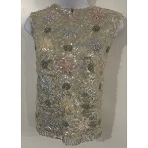 Vtg 1950 - 60  Cardell Beaded Wool Top British Crown Colony Floral Sequin Shell